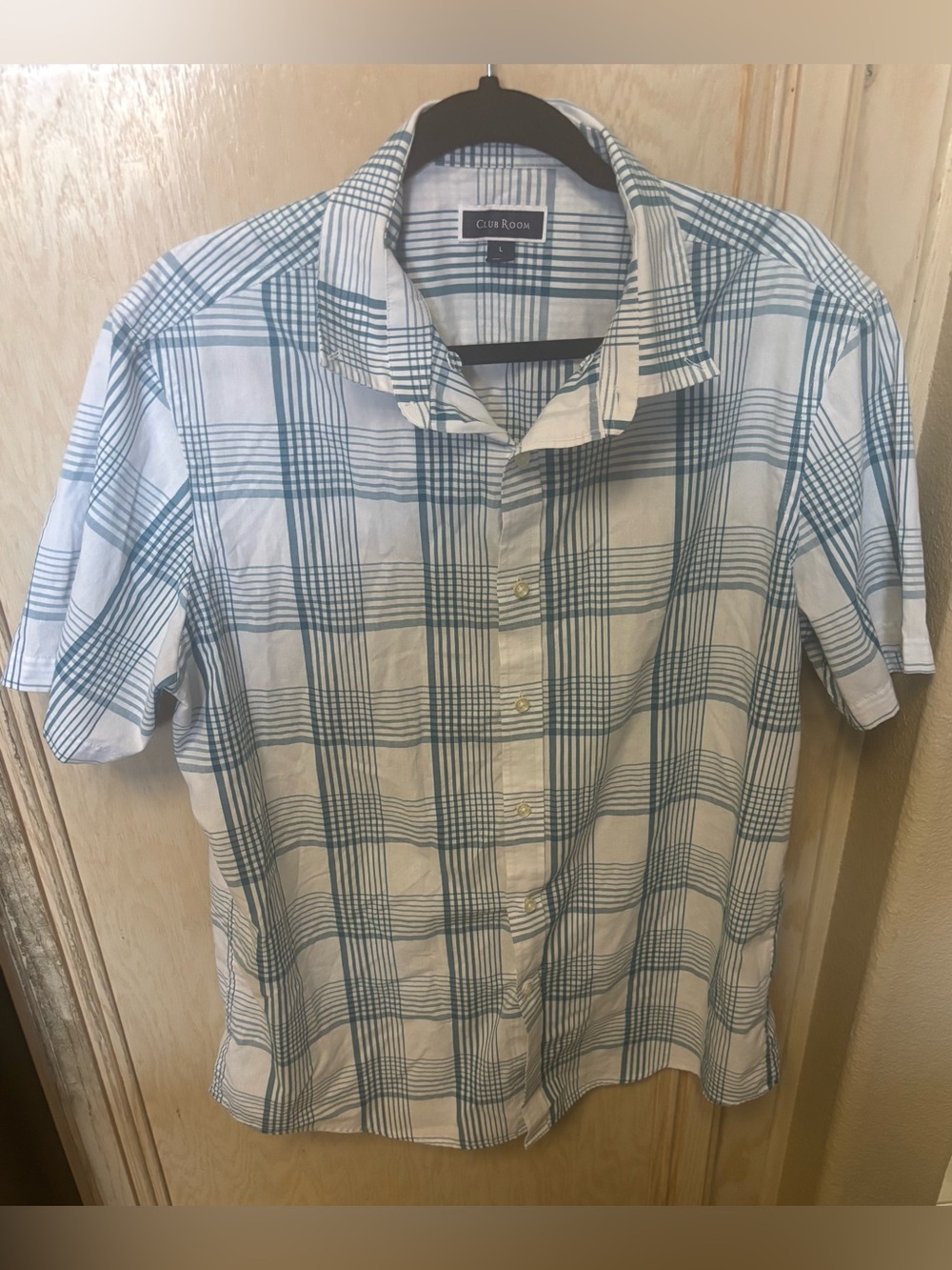 Club Room Men's Button Up Shirt Short Sleeve Blue White Plaid Shirt Size Large